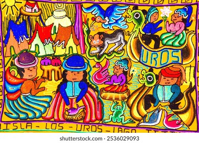 Beautiful traditional embroidery of the inhabitants of the Uros floating islands on Lake Titicaca, Peru