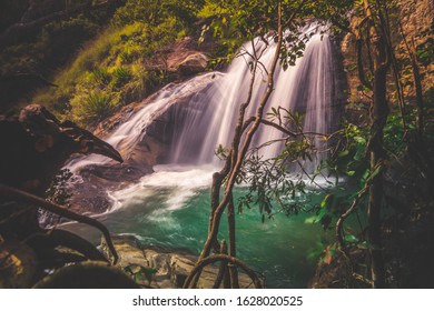 Beautiful tranquil jungle waterfall, Diyaluma falls, Sri Lanka