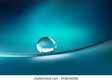 Beautiful Transparent Drop Of Water On Smooth Surface In Dark Blue Colors, Macro. Selective Soft Focus.