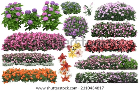 Beautiful trees and flowers on a white background. It is convenient to cut and combine with other tasks.
