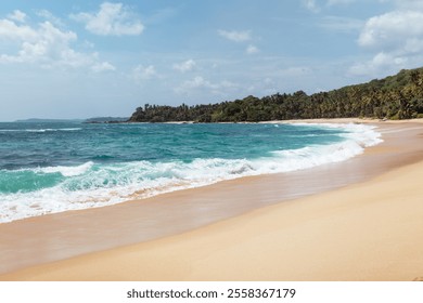 Beautiful tropical beach with soft golden sands and clear turquoise waters, framed by lush greenery. The peaceful ocean scene and vibrant colors make it a perfect destination for vacations, relaxation - Powered by Shutterstock