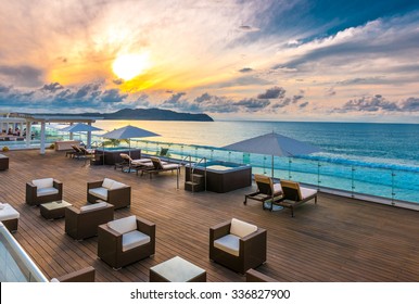 Beautiful Tropical, Caribbean Wooden, Flooring Ocean Beach, Resort At Sunset, Evening, Sunrise Time.