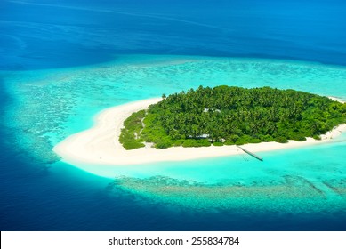 Beautiful Tropical Island From Above. Maldives, Carribean Or South See Resort.