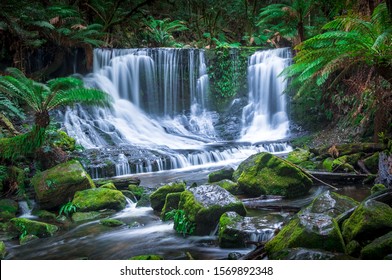 Beautiful tropical waterfall in secluded tropical location. Picturesque cascade falls surrounded with green lush tropical plants, moss and ferns. Horseshoe falls in Tasmania, Australia  - Shutterstock ID 1569892348