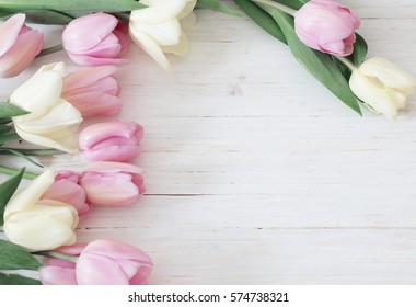 beautiful tulips on wooden background