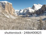 Beautiful Tunnel View of Yosemite Valley during winter with snow, Yosemite National Park, California.