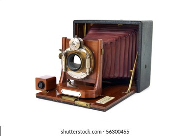 Beautiful turn-of-the-century wooden view camera with red bellows