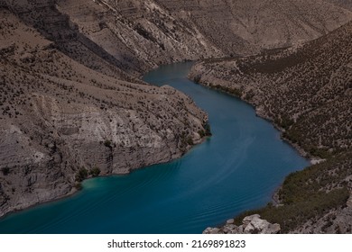 Beautiful Turquoise Mountain Curved River Sulak With Depth Steep Slopes Of Canyon. Mountain Landscape. Adventure, Tourism And Travel In Wild Majestic Caucasus Ridges Mountains.