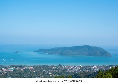 Beautiful Turquoise Sea And Blue Sky From High View Point At Phuket, Thailand.