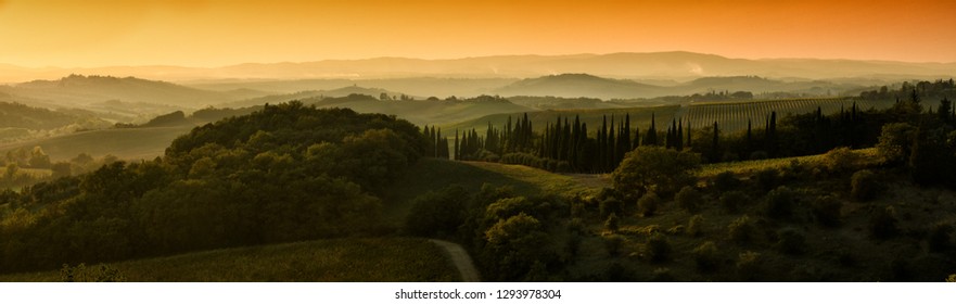 beautiful Tuscan landscape at sunset in the autumn season near Siena. Italy