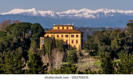 Beautiful Tuscan Manor House With Snowy Mountains In The Background, La Rotta, Pontedera, Pisa, Tuscany, Italy