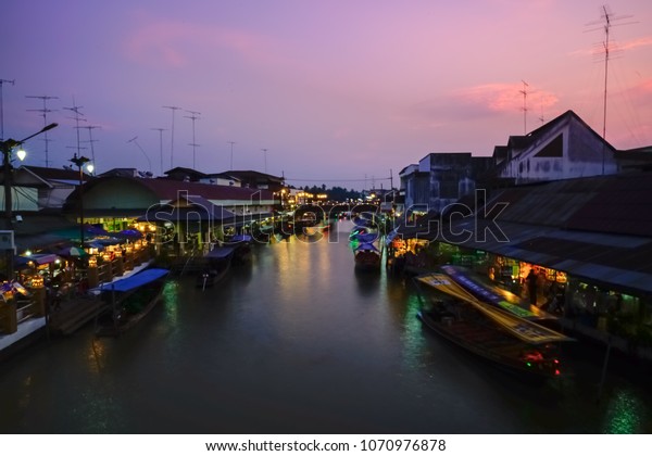 Beautiful Twilight Lighting Amphawa Floating Market Stock Photo