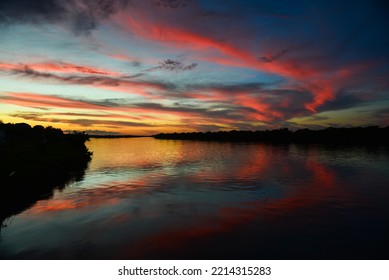 Beautiful Twilight On The Guaporé - Itenez River From The Remote Village Of Versalles, Beni Department, Bolivia, On The Border With Rondonia State, Brazil