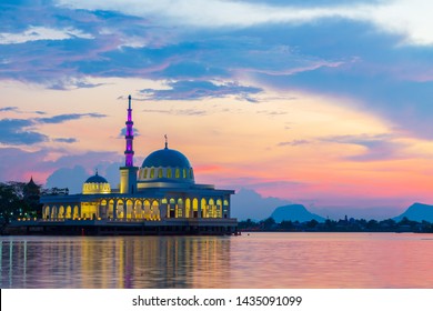 Beautiful Twilight Sunset With Waterfront Landmark In Kota Kuching And Floating Mosque Of Kuching Sarawak, Borneo
