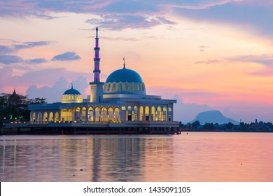 Beautiful Twilight Sunset With Waterfront Landmark In Kota Kuching And Floating Mosque Of Kuching Sarawak, Borneo
