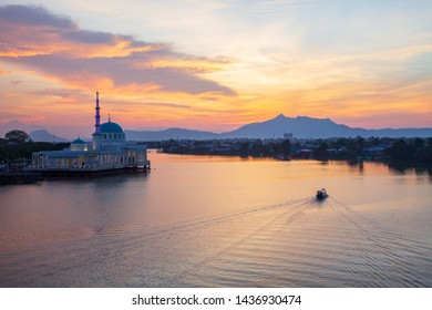 Beautiful Twilight Sunset With Waterfront Landmark In Kota Kuching And Floating Mosque Of Kuching Sarawak, Borneo
