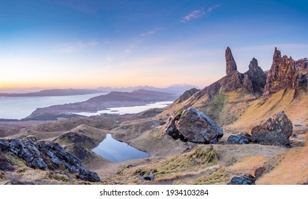 Beautiful and unique Old man of Storr rock in Isle of Skye, Scotland. Early spring sunny day. Panorama of popular rocks, Trotternish Peninsula