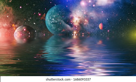 Beautiful unusual space planet in space reflected in water. galaxy stars night sky ,Elements of this Image Furnished by NASA , - Shutterstock ID 1686093337