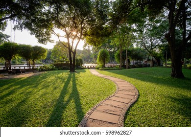 Beautiful Urban City Park At Sunny Day Bangkok City, Thailand. Small Concrete Walkway On Green Grass Lawn In City Park With Warm Sunset Sunlight. Outdoor City Park Landscape Photography, Bangkok Park