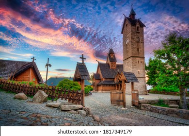 Beautiful Vang Stave Church in karpacz at sunset, Poland - Shutterstock ID 1817349179