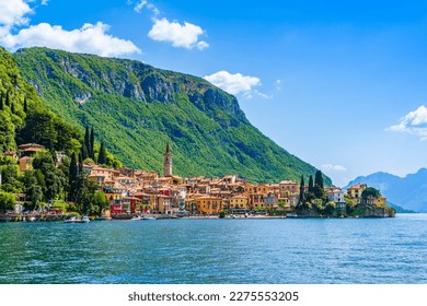 Beautiful Varena village on Lake Como riviera in Lombardy, Italy; old village on the shores of lake Como by the mountain - Shutterstock ID 2275553205
