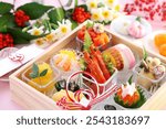 Beautiful  Various Osechi on a squqre 
 wooden box for  New Year ,Traditional  Japanese cuisine.