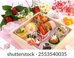 Beautiful  Various Osechi on a squqre 
 wooden box for  New Year ,Traditional  Japanese cuisine.