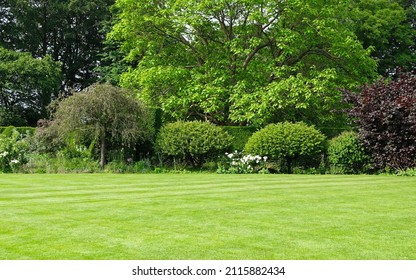 Beautiful Verdant Garden with a Freshly Mowed Grass Lawn, Colourful Flower Bed and Green Leafy Trees - Shutterstock ID 2115882434
