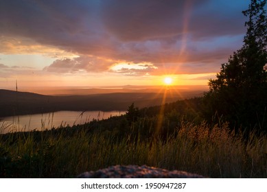 A Beautiful, Vibrant Sunset Over Cadillac Mountain In Acadia National Park In Bar Harbor, Maine, On A Humid Summer Day