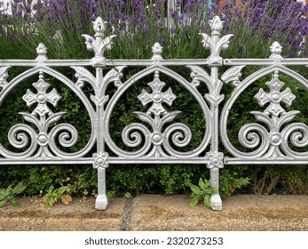 Beautiful Victorian fence of a front garden in Dublin, lavender flowers in the background  - Powered by Shutterstock