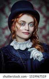 Beautiful Victorian Woman In Black Dress And Top Hat Stands In Vintage Interior. Steampunk. 