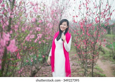 Beautiful Vietnamese girl in traditional dress (ao dai) is in peach flower garden in Hanoi, Vietnam