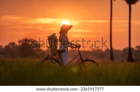 Beautiful Vietnamese woman wearing traditional dress with bicycle and flower basket walk pass rice field on sunrise time ,lifestyle of farmer in Vietnam with sugar palm tree background.