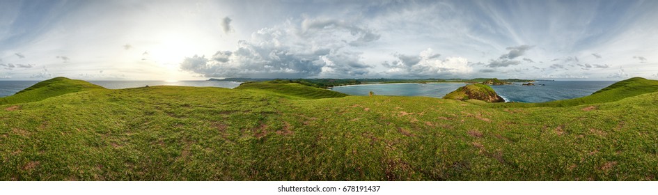 Beautiful view of 360 degrees at sunset time on the green hills of island Lombok. Indonesia