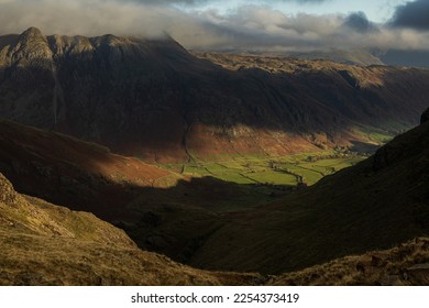 Beautiful view across the Langdale Valley to Pike of Stickle, a dramatic mountain summit in the Lake District National Park in England.  - Shutterstock ID 2254373419