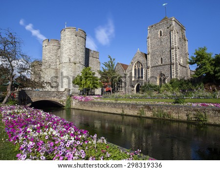 A beautiful view across the River Stour of Westgate and the Guildhall in Canterbury, Kent.
