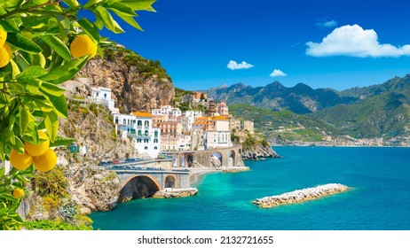 Beautiful view of Amalfi on the Mediterranean coast with lemons in the foreground, Italy - Shutterstock ID 2132721655
