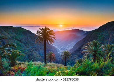 Beautiful view of amazing tropical scenery with exotic palm trees and mountain valleys above wide open sea in golden evening light at sunset with blue sky and clouds in summer, Canary Islands, Spain