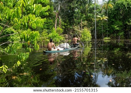 Beautiful view of Amazon rainforest trees and two man paddling a boat to collect acai berries in the forest on sunny summer day. Concept of environment, ecology, sustainability, biodiversity, nature.