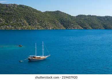 Beautiful view of ancient Kekova Island yacht boat in the Mediterranean Sea. View from the peninsula Simena.