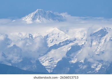 The beautiful view of the Annapurna mountain range. Himalayas, Pokhara, Nepal, South Asia.