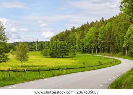Beautiful view of asphalt road running along forest and fields. Sweden.
