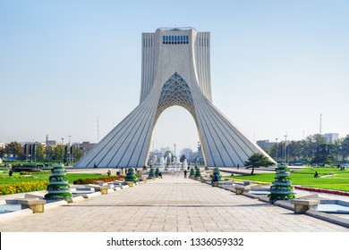 Beautiful view of the Azadi Tower (Freedom Tower) on blue sky background in Tehran, Iran. Azadi Square is a popular tourist attraction of the Middle East.