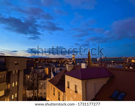 Similar – Sonnenaufgang über Prag und fliederfarbene Blumen