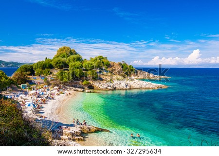 Beautiful view of the beach in an old village of Corfu Island