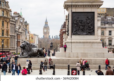 Beautiful View Of The Big Ben In London From The Trafalgar Square With Many People On It