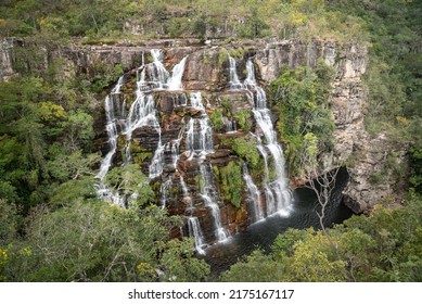 Beautiful View To Big Wild Green Waterfall And Rocky Wall In Chapada Dos Veadeiros, Goiás State, Central Brazil