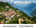 Beautiful view of Bre town in Switzerland with Lake Lugano at the background