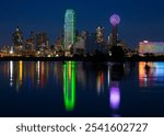 Beautiful View Of The Bright Neon Lights Of The Downtown Dallas Skyline Reflecting Off The Flooded Waters Of The Trinitiy River Levee