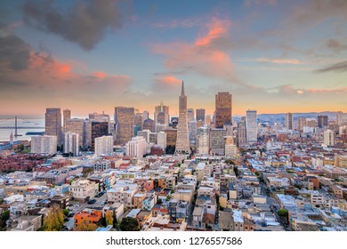 Beautiful view of  business center in downtown San Francisco at sunset. - Shutterstock ID 1276557586